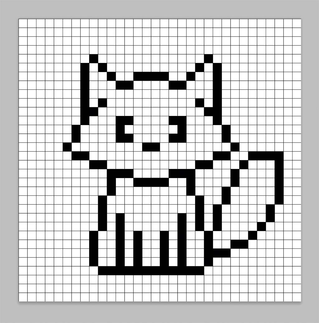 An outline of the pixel art fox grid similar to a spreadsheet
