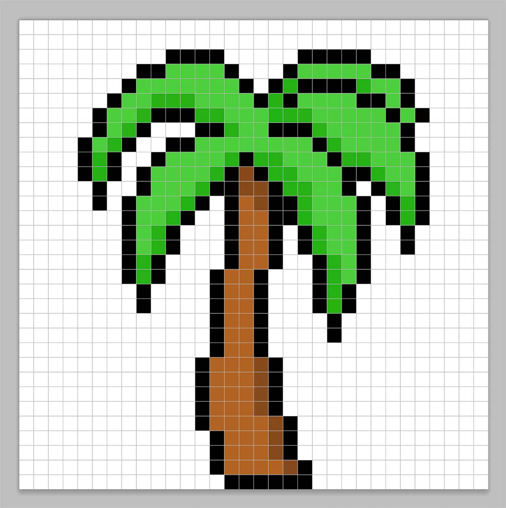 32x32 Pixel art palm tree with shadows to give depth to the palm tree