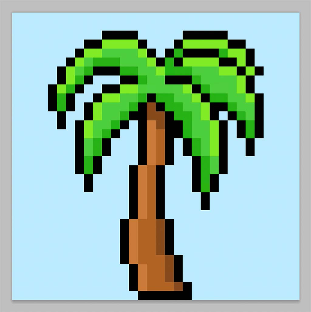 Cute Pixel Art Palm Tree on Blue Background