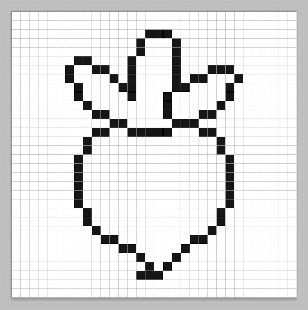 An outline of the pixel art radish grid similar to a spreadsheet