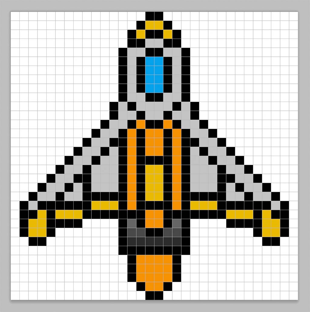 Simple pixel art spaceship with solid colors