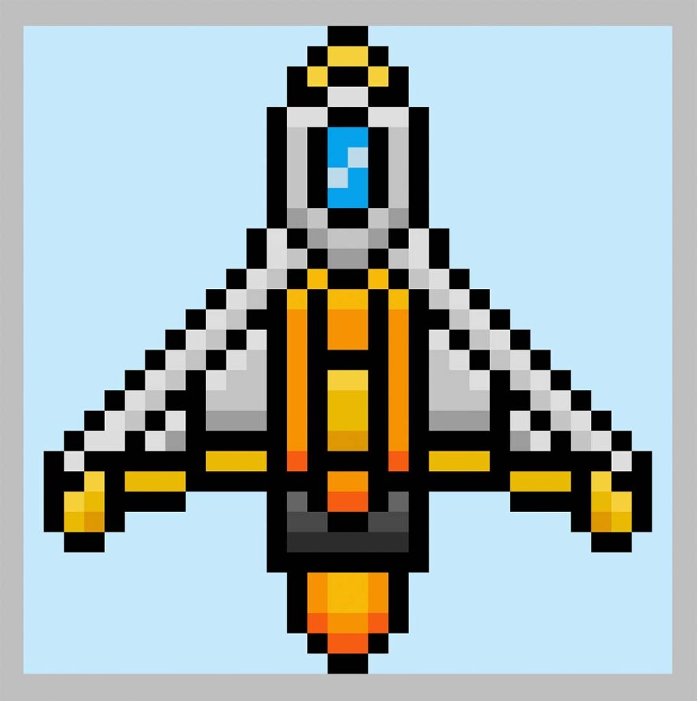 Cute Pixel Art Spaceship on a Blue Background