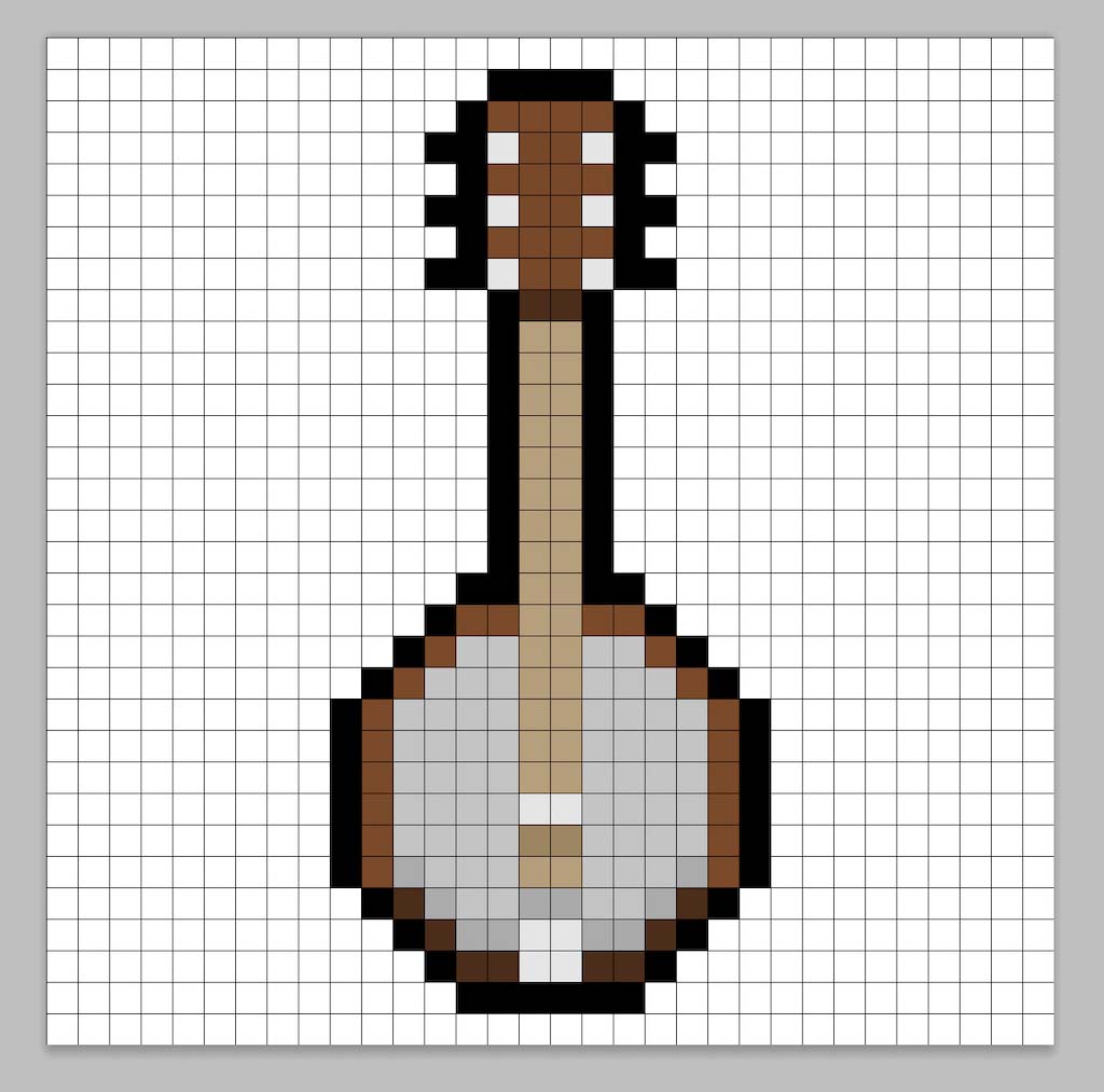 32x32 Pixel art banjo with shadows to give depth to the banjo