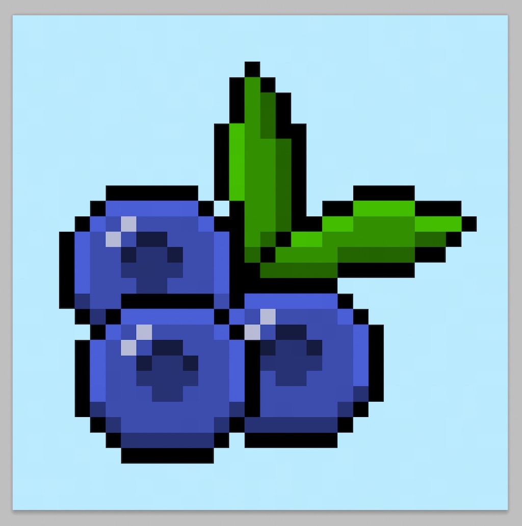 Cute Pixel Art Blueberry on Blue Background