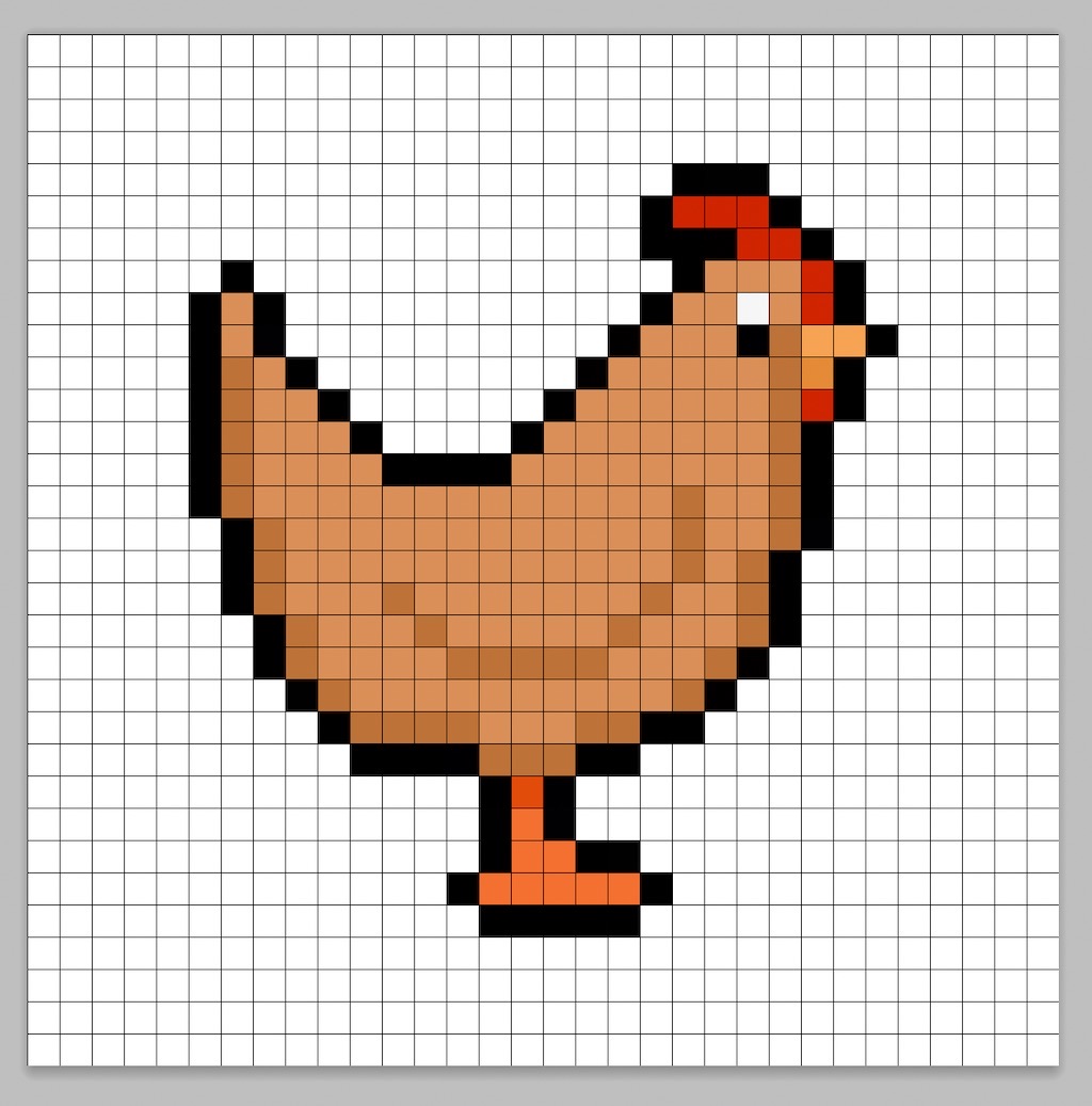 32x32 Pixel art chicken with shadows to give depth to the chicken