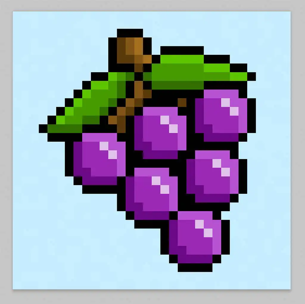 Cute Pixel Art Grapes on Blue Background