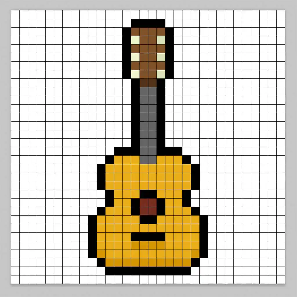 32x32 Pixel art guitar with shadows to give depth to the guitar