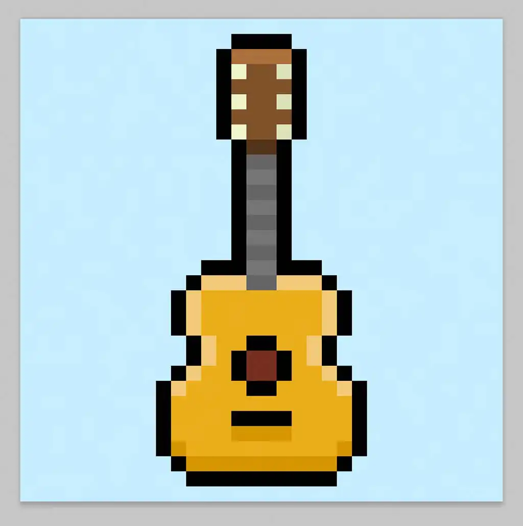 Cute Pixel Art Guitar on Blue Background
