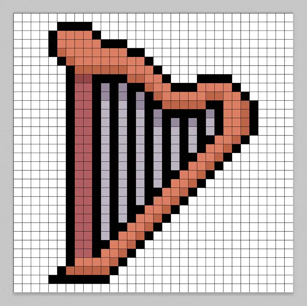 32x32 Pixel art harp with shadows to give depth to the harp