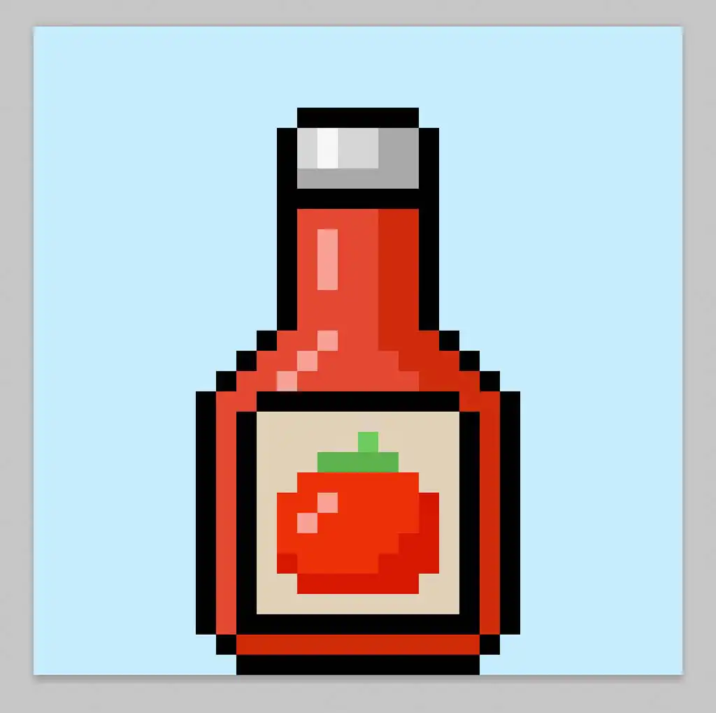 Cute Pixel Art Ketchup on Blue Background