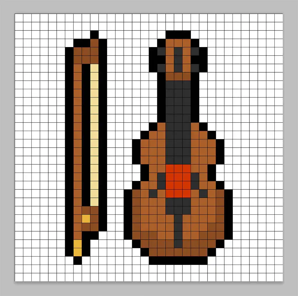 32x32 Pixel art violin with shadows to give depth to the violin
