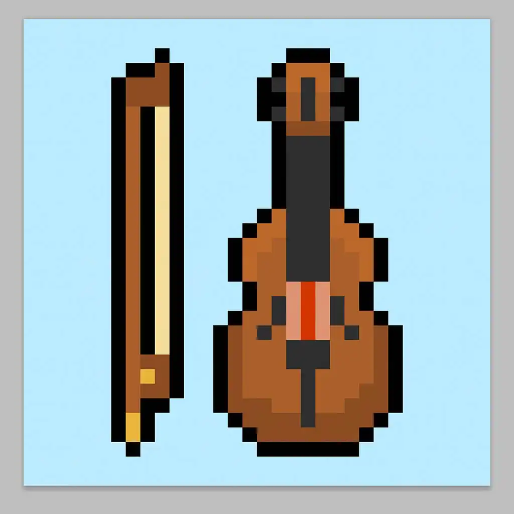 Cute Pixel Art Violin on Blue Background