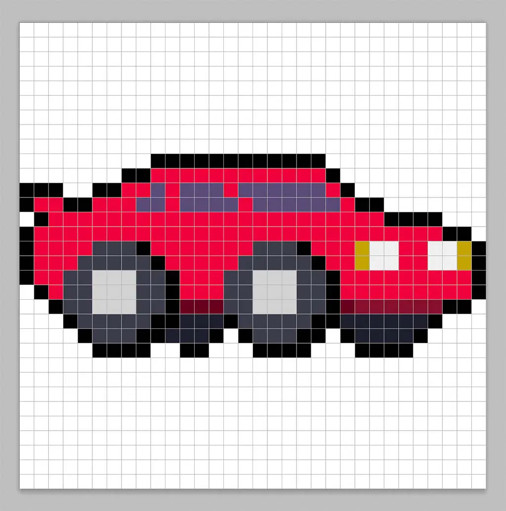 Simple pixel art sports car with solid colors