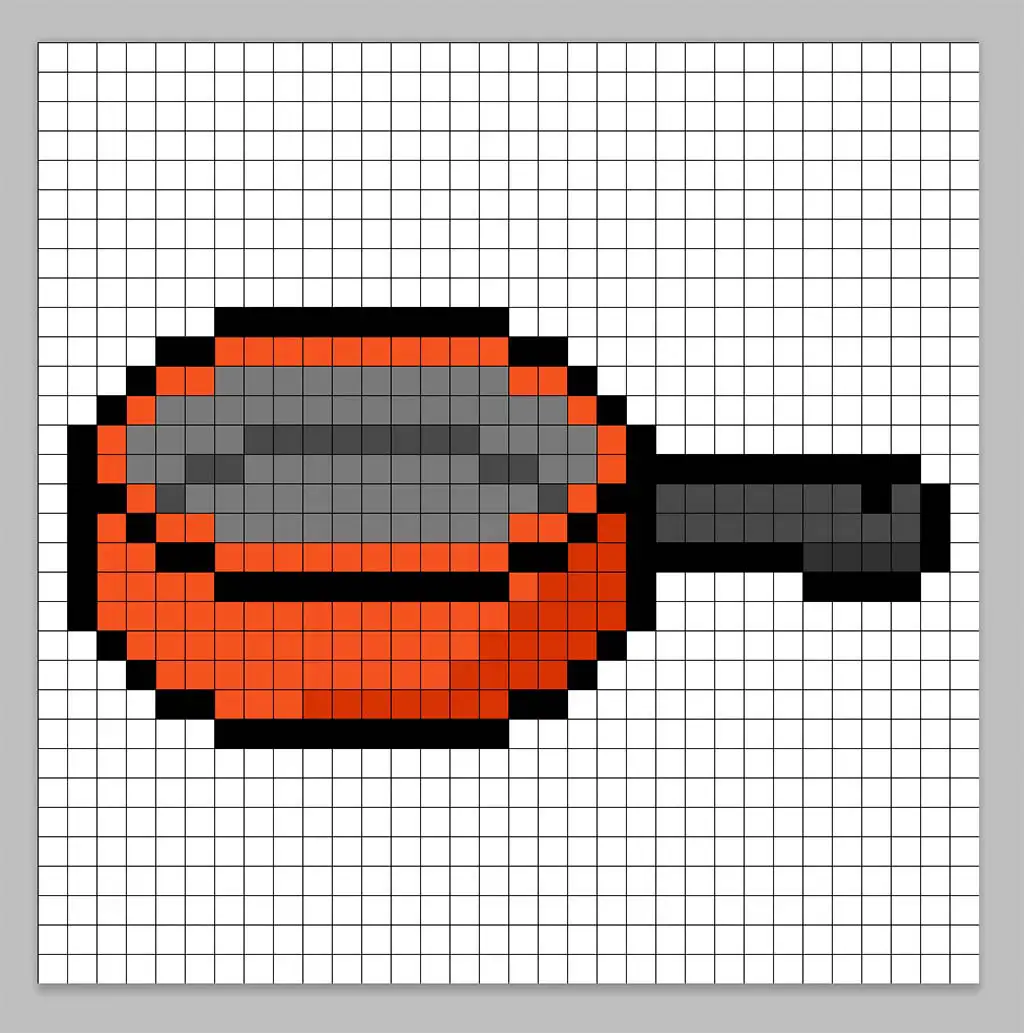 32x32 Pixel art frying pan with a darker red orange to give depth to the frying pan
