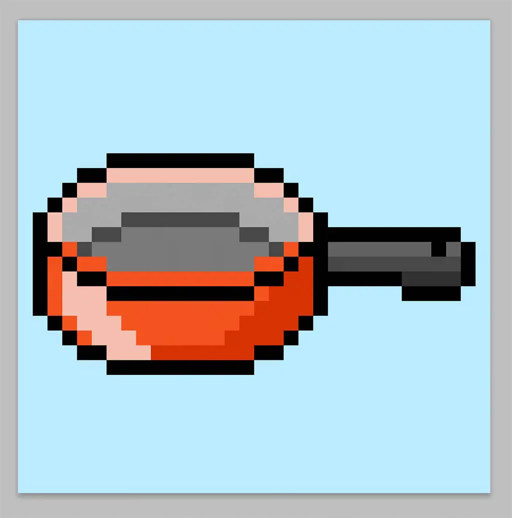 Cute Pixel Art Frying Pan on Blue Background
