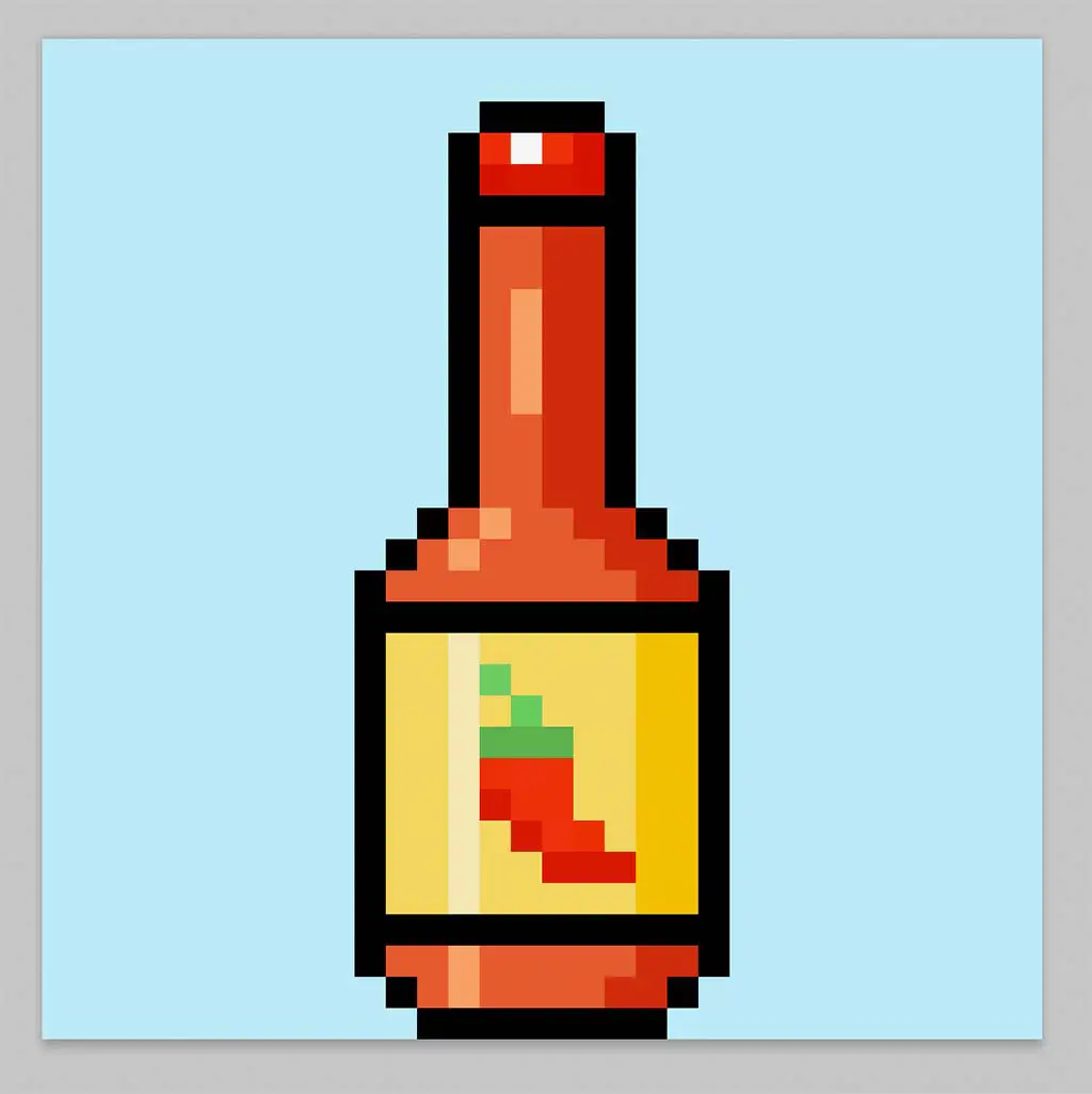 Cute Pixel Art Hot Sauce on Blue Background