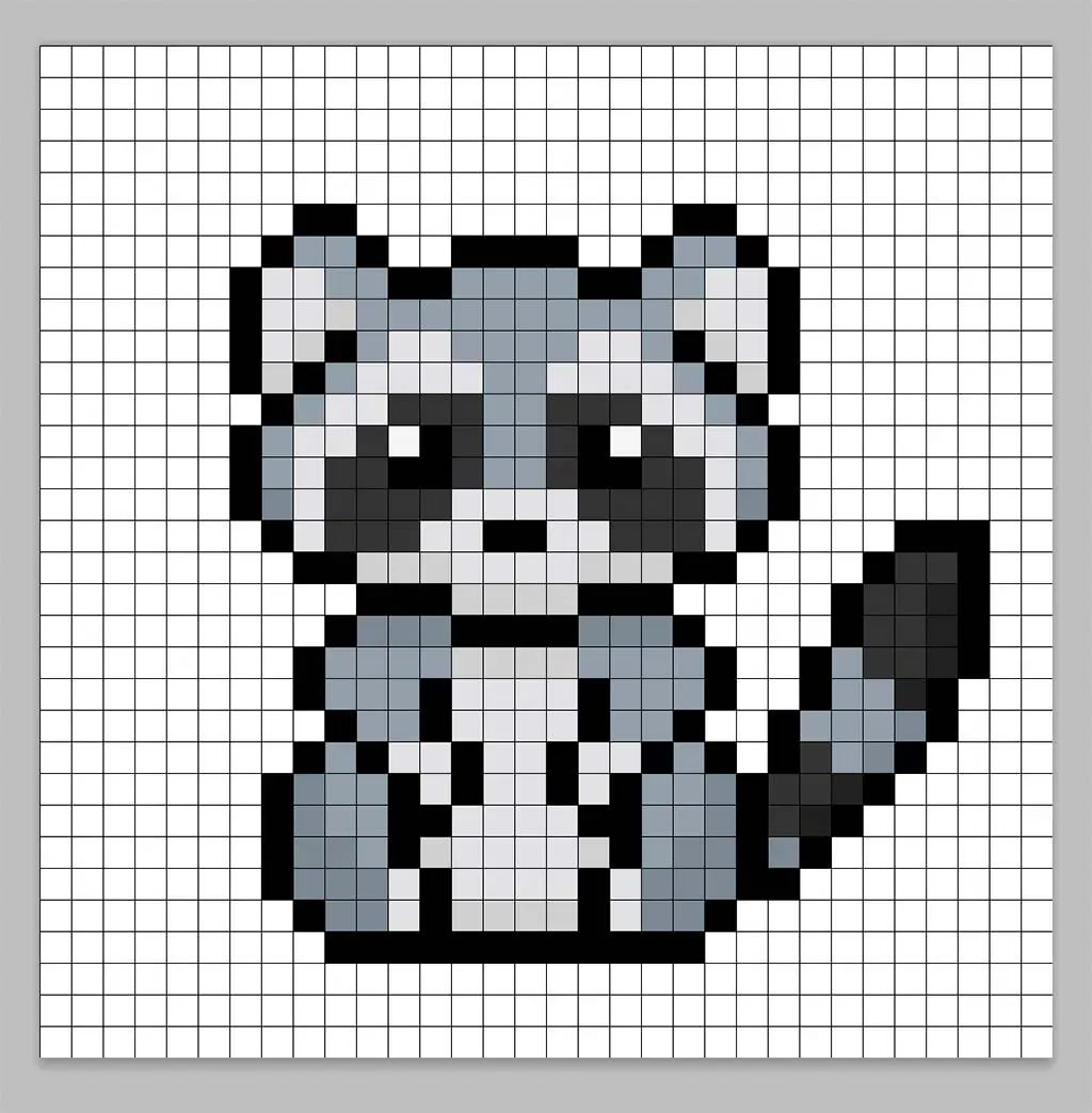 32x32 Pixel art raccoon with a darker gray to give depth to the raccoon