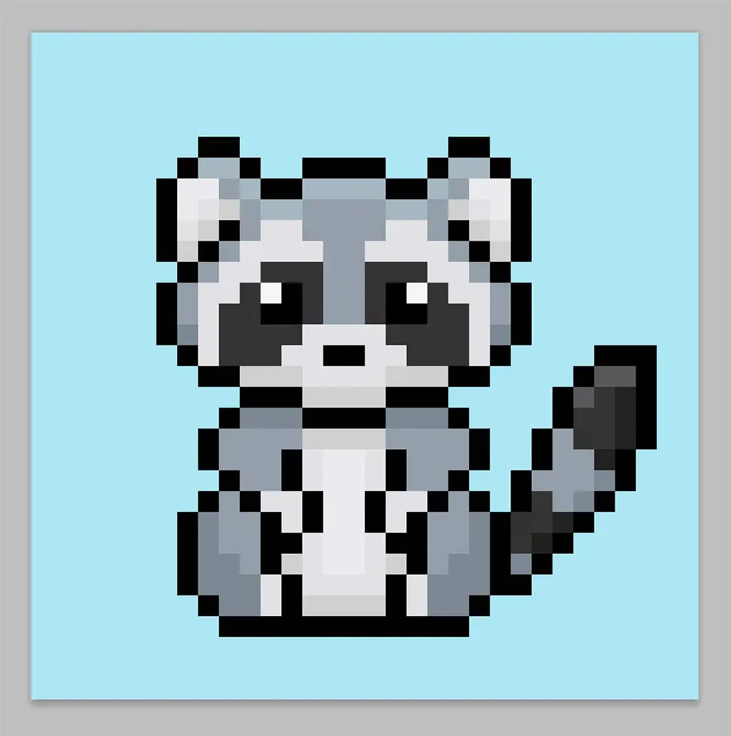 Cute Pixel Art Raccoon on Blue Background