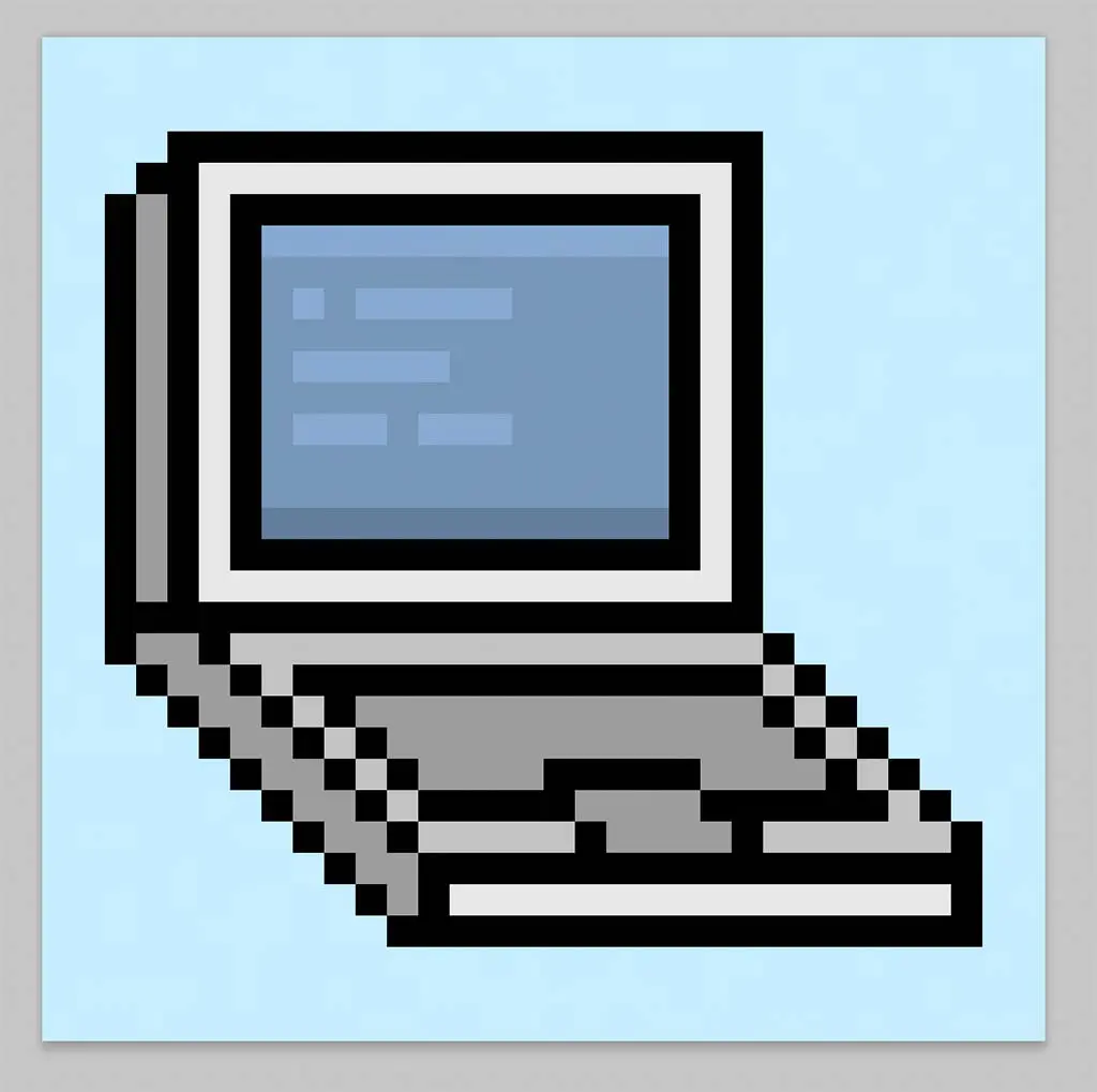 Cute Pixel Art Laptop on Blue Background
