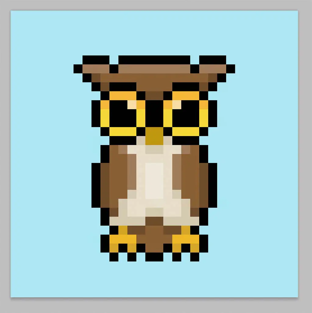 Cute Pixel Art Owl on Blue Background