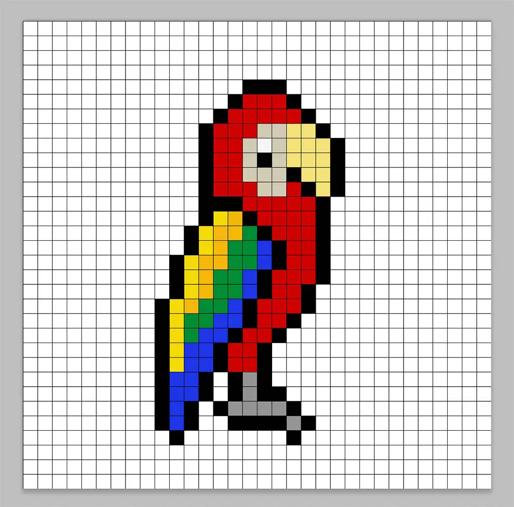Simple pixel art parrot with solid colors