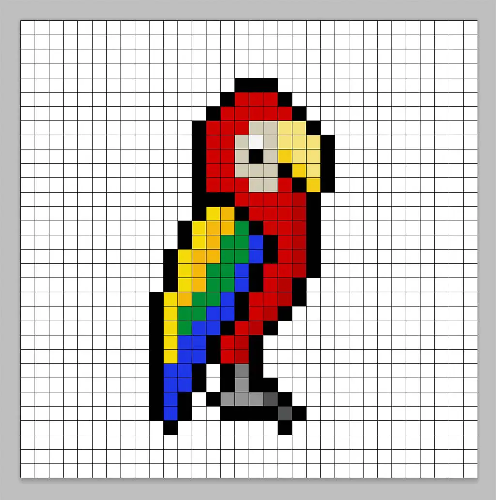 32x32 Pixel art parrot with a darker red to give depth to the parrot