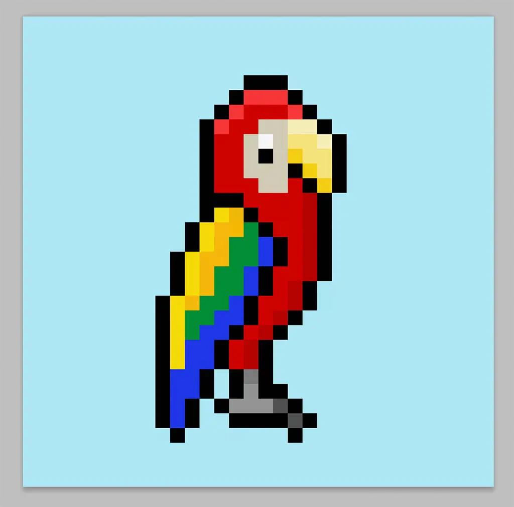 Cute Pixel Art Parrot on Blue Background