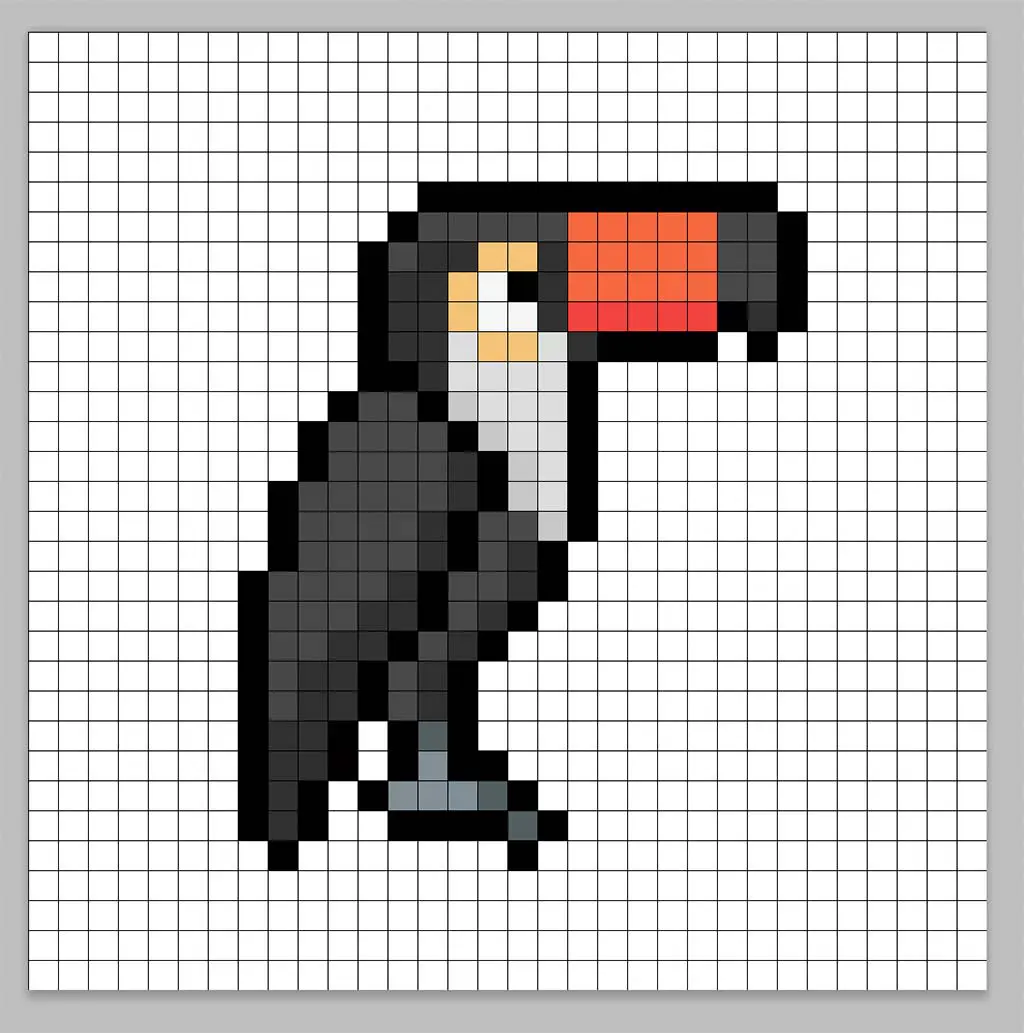 32x32 Pixel art toucan with a darker gray to give depth to the toucan