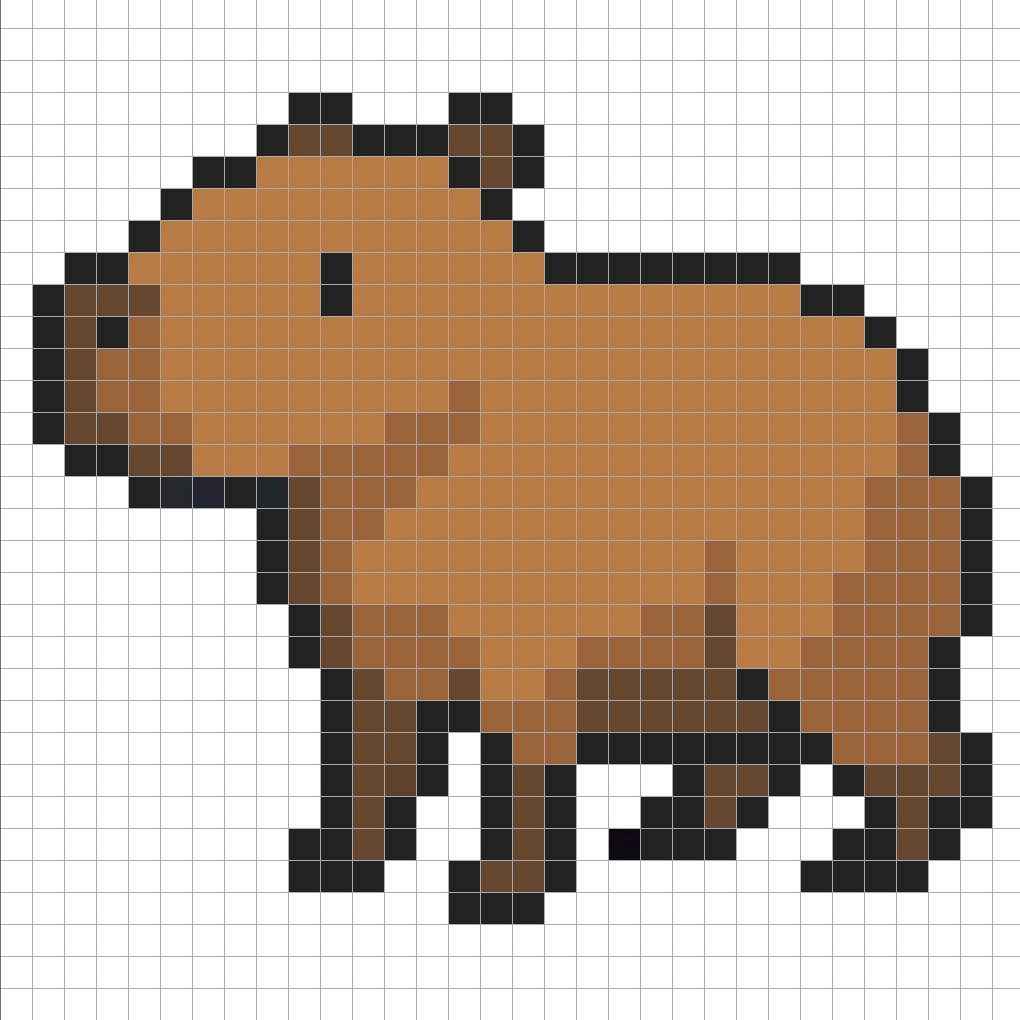 32x32 Pixel art capybara with shadows to give depth to the capybara