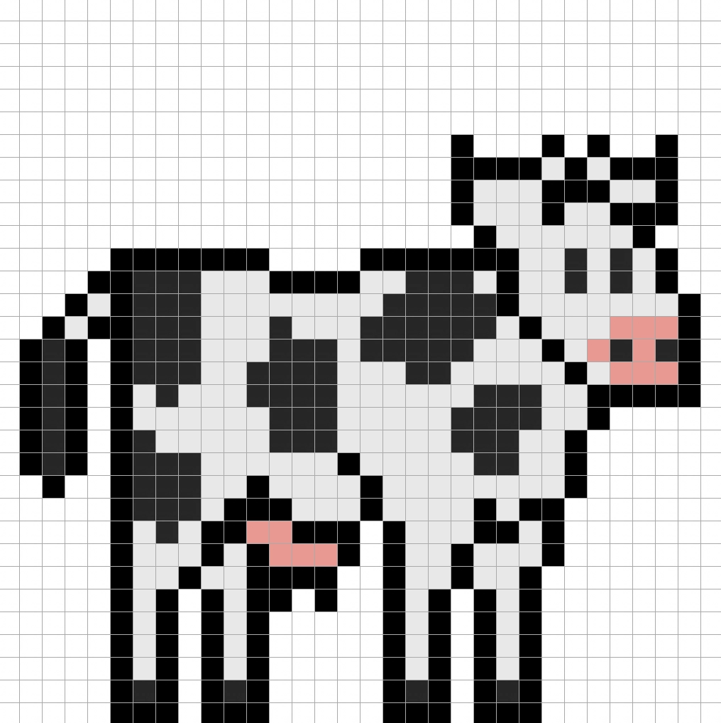 An outline of the pixel art cow grid similar to a spreadsheet