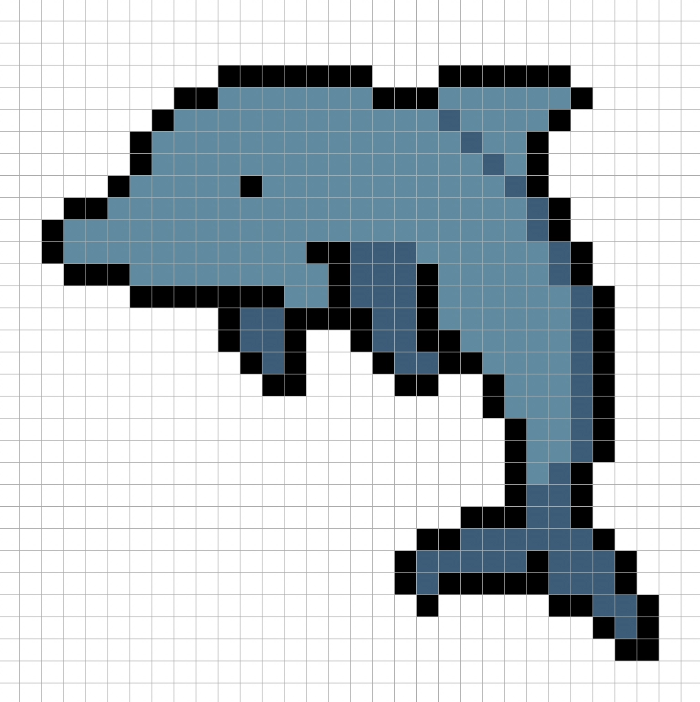 32x32 Pixel art dolphin with shadows to give depth to the dolphin