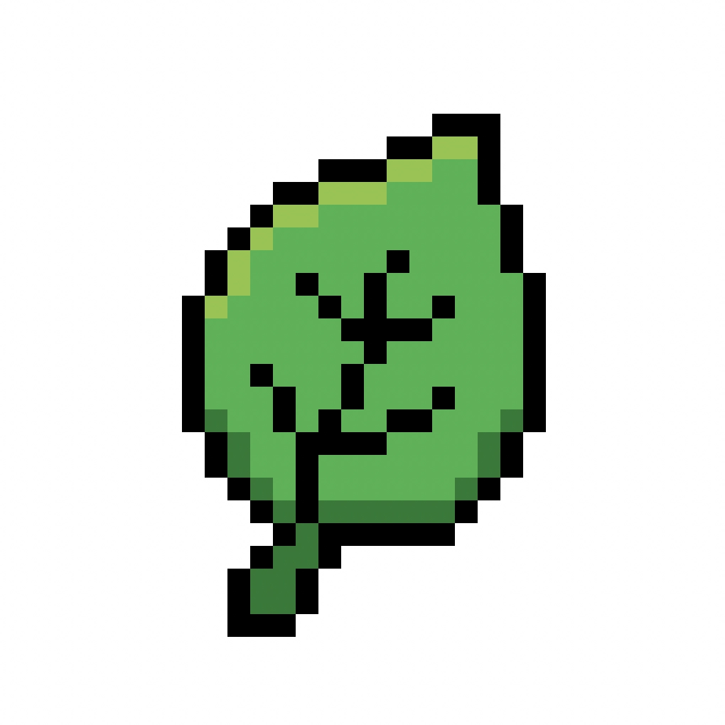 Kawaii pixel art leaf on a transparent background