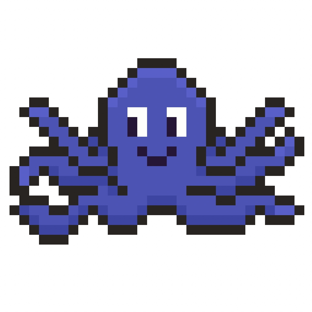 Kawaii pixel art octopus on a transparent background